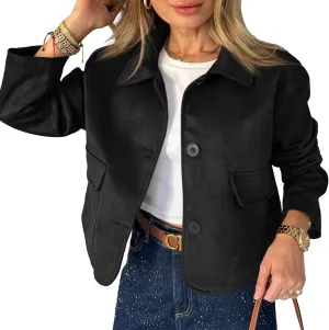 Tankaneo Womens Faux Suede Leather Jackets Casual Cropped Coats Vintage Button Down Shackets