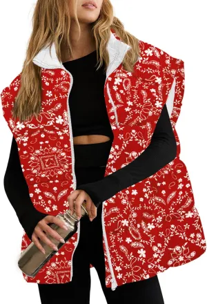 Tankaneo Womens Floral Oversized Puffer Vest Cap Sleeve Winter Warm Puffy Quilted Jackets Coat