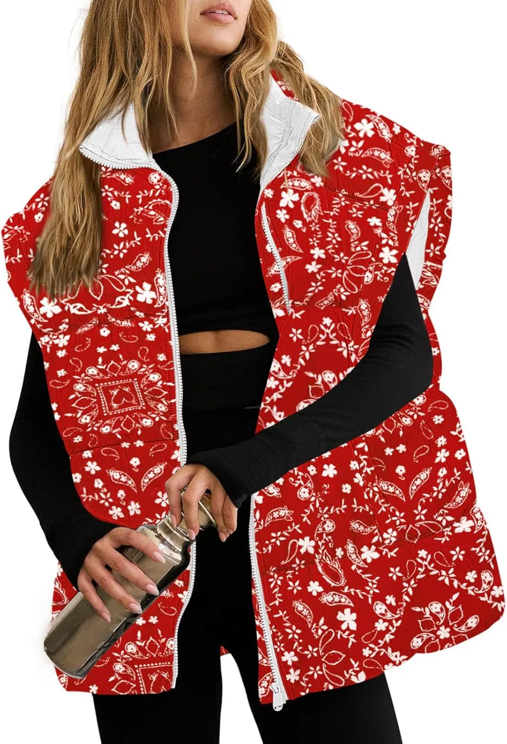 Tankaneo Womens Floral Oversized Puffer Vest Cap Sleeve Winter Warm Puffy Quilted Jackets Coat
