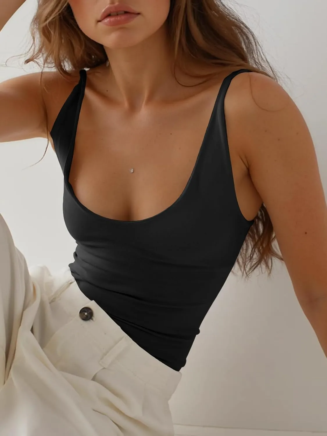 Tankaneo Womens Sexy Deep V Neck Top Sleeveless Backless Spaghetti Strap Tank Top Casual Basic Cami Top