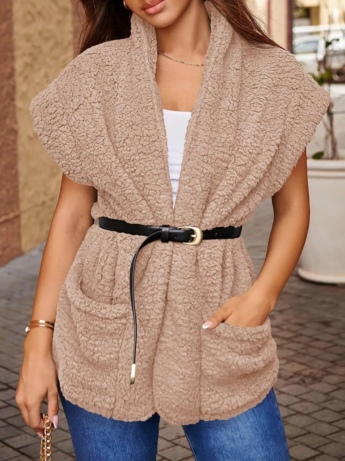 Tankaneo Womens Sherpa Fleece Vests Cap Sleeve Open Front Lightweight Teddy Jacket Gilet with Pockets