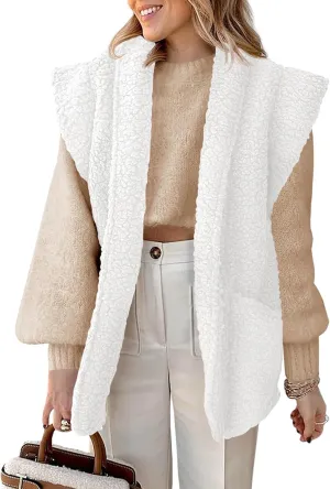 Tankaneo Womens Sherpa Fleece Vests Cap Sleeve Open Front Lightweight Teddy Jacket Gilet with Pockets