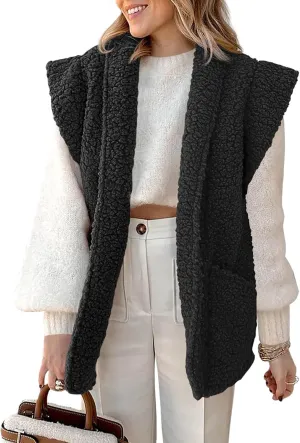 Tankaneo Womens Sherpa Fleece Vests Cap Sleeve Open Front Lightweight Teddy Jacket Gilet with Pockets
