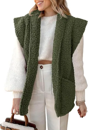 Tankaneo Womens Sherpa Fleece Vests Cap Sleeve Open Front Lightweight Teddy Jacket Gilet with Pockets
