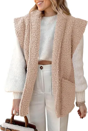 Tankaneo Womens Sherpa Fleece Vests Cap Sleeve Open Front Lightweight Teddy Jacket Gilet with Pockets