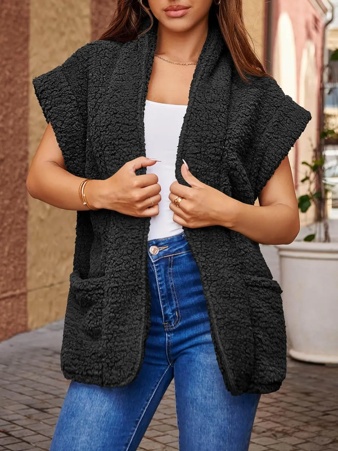 Tankaneo Womens Sherpa Fleece Vests Cap Sleeve Open Front Lightweight Teddy Jacket Gilet with Pockets