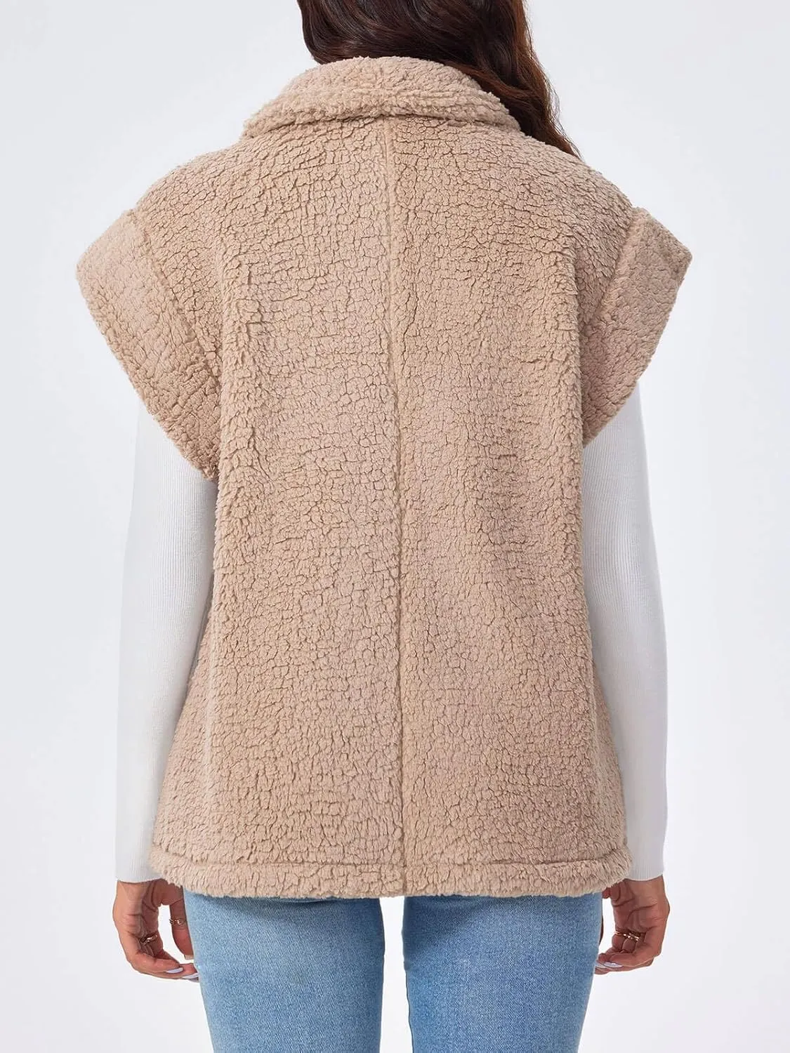 Tankaneo Womens Sherpa Fleece Vests Cap Sleeve Open Front Lightweight Teddy Jacket Gilet with Pockets