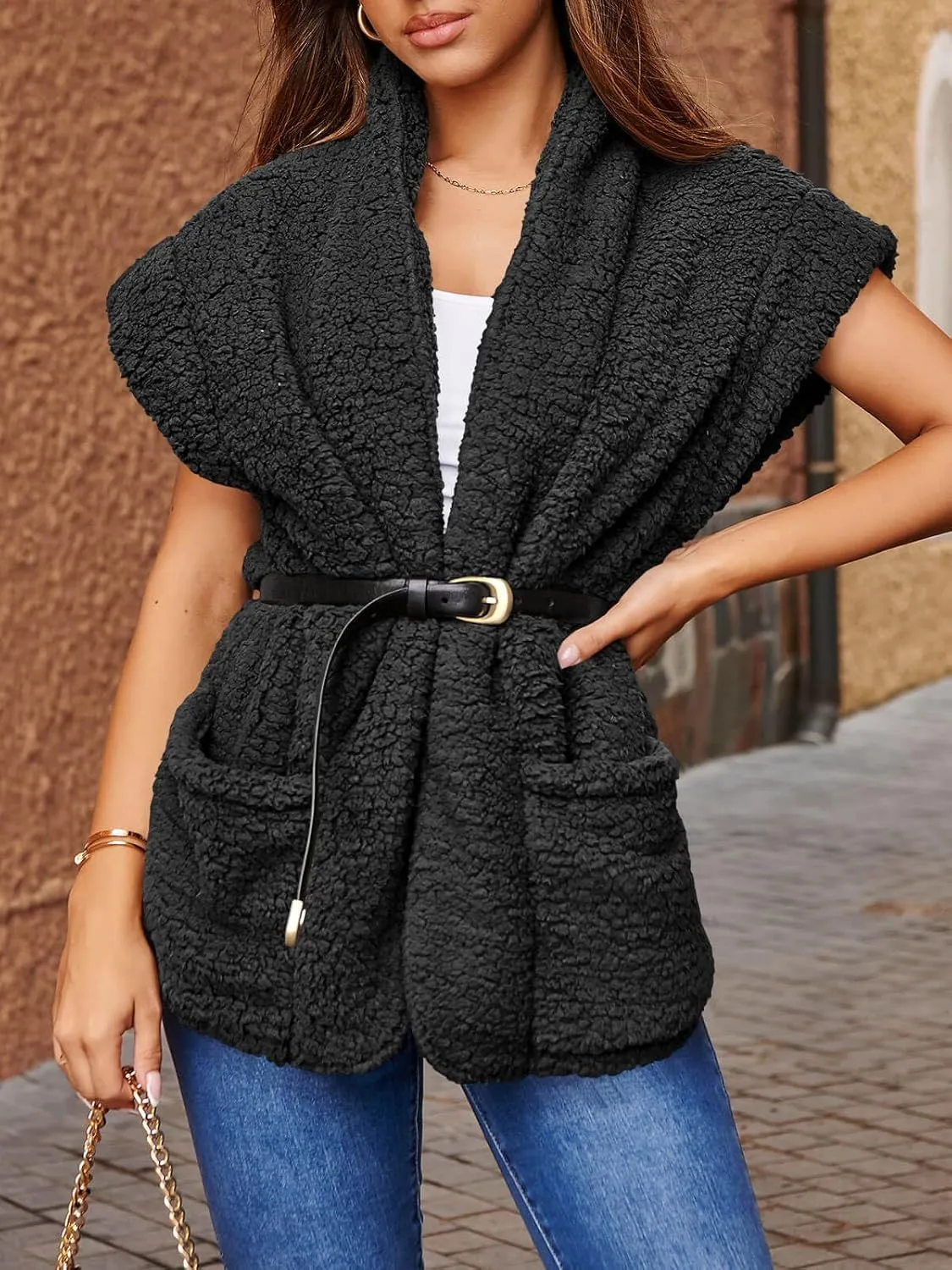 Tankaneo Womens Sherpa Fleece Vests Cap Sleeve Open Front Lightweight Teddy Jacket Gilet with Pockets