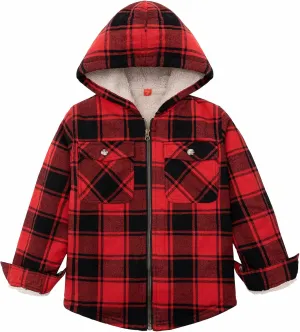 ThCreasa Boys Plaid Flannel Jackets Sherpa Lined Zip Up Long Sleeve Warm Flannel Shirt with Hood