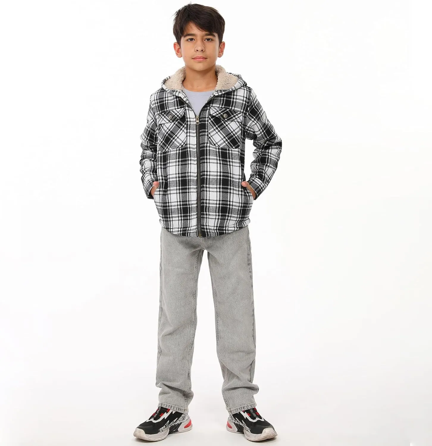 ThCreasa Boys Plaid Flannel Jackets Sherpa Lined Zip Up Long Sleeve Warm Flannel Shirt with Hood
