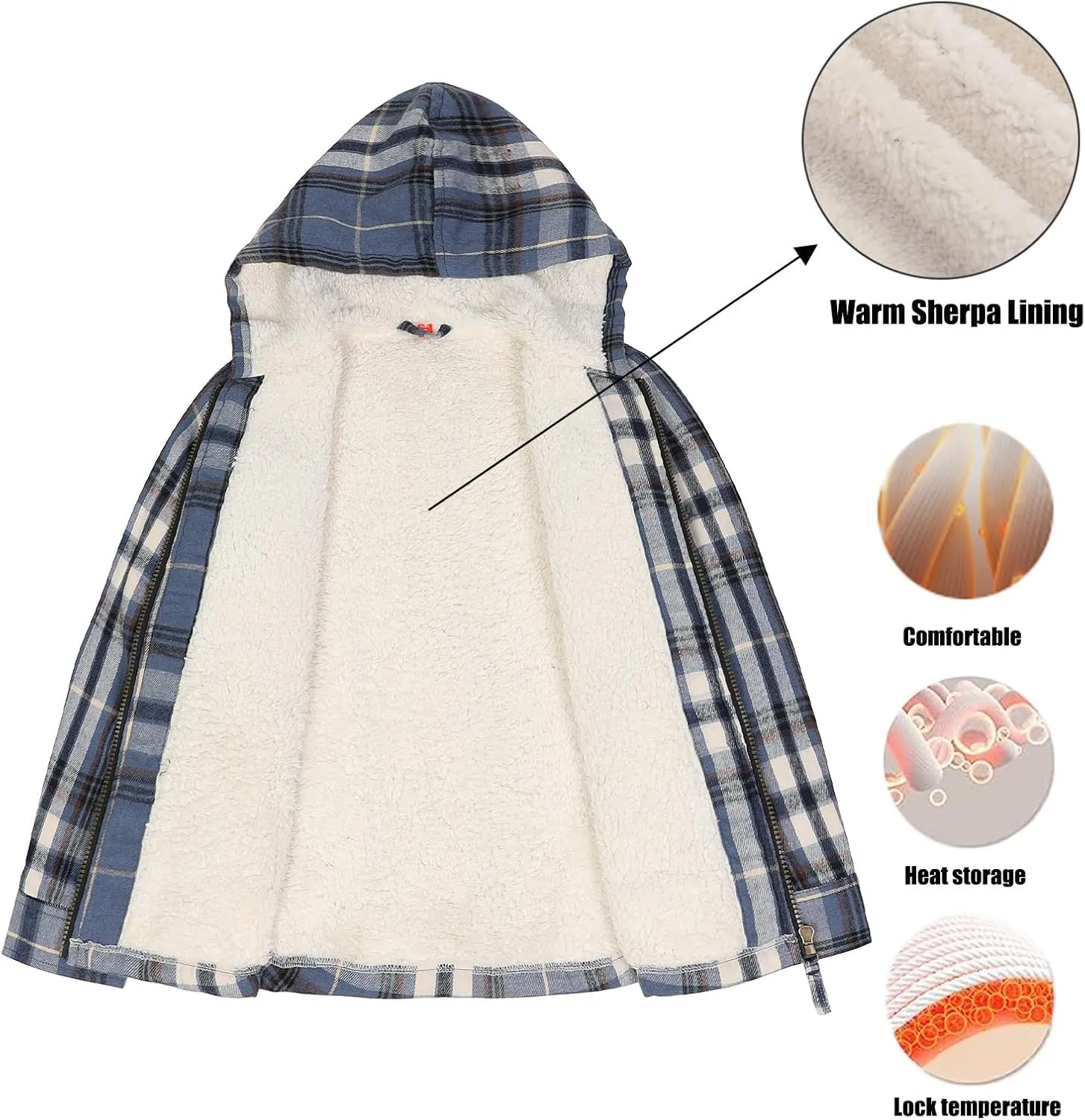 ThCreasa Boys Plaid Flannel Jackets Sherpa Lined Zip Up Long Sleeve Warm Flannel Shirt with Hood