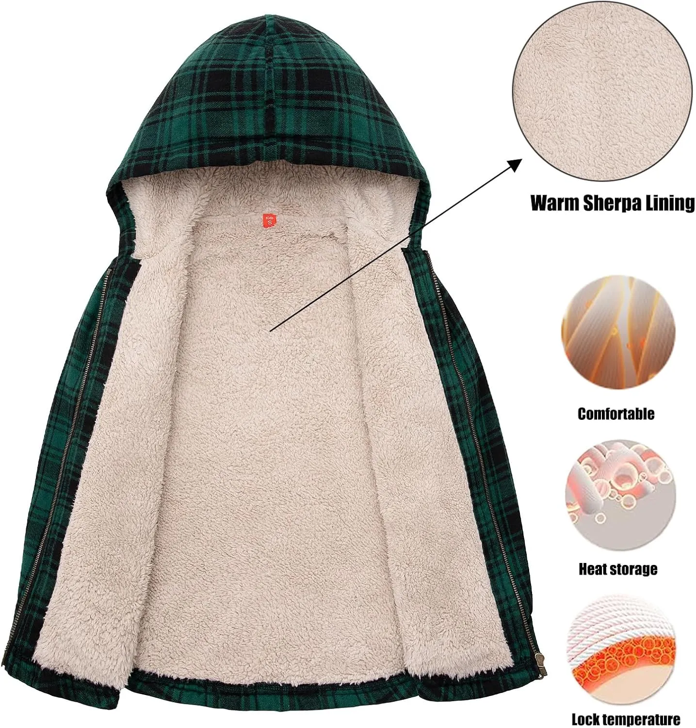 ThCreasa Boys Plaid Flannel Jackets Sherpa Lined Zip Up Long Sleeve Warm Flannel Shirt with Hood