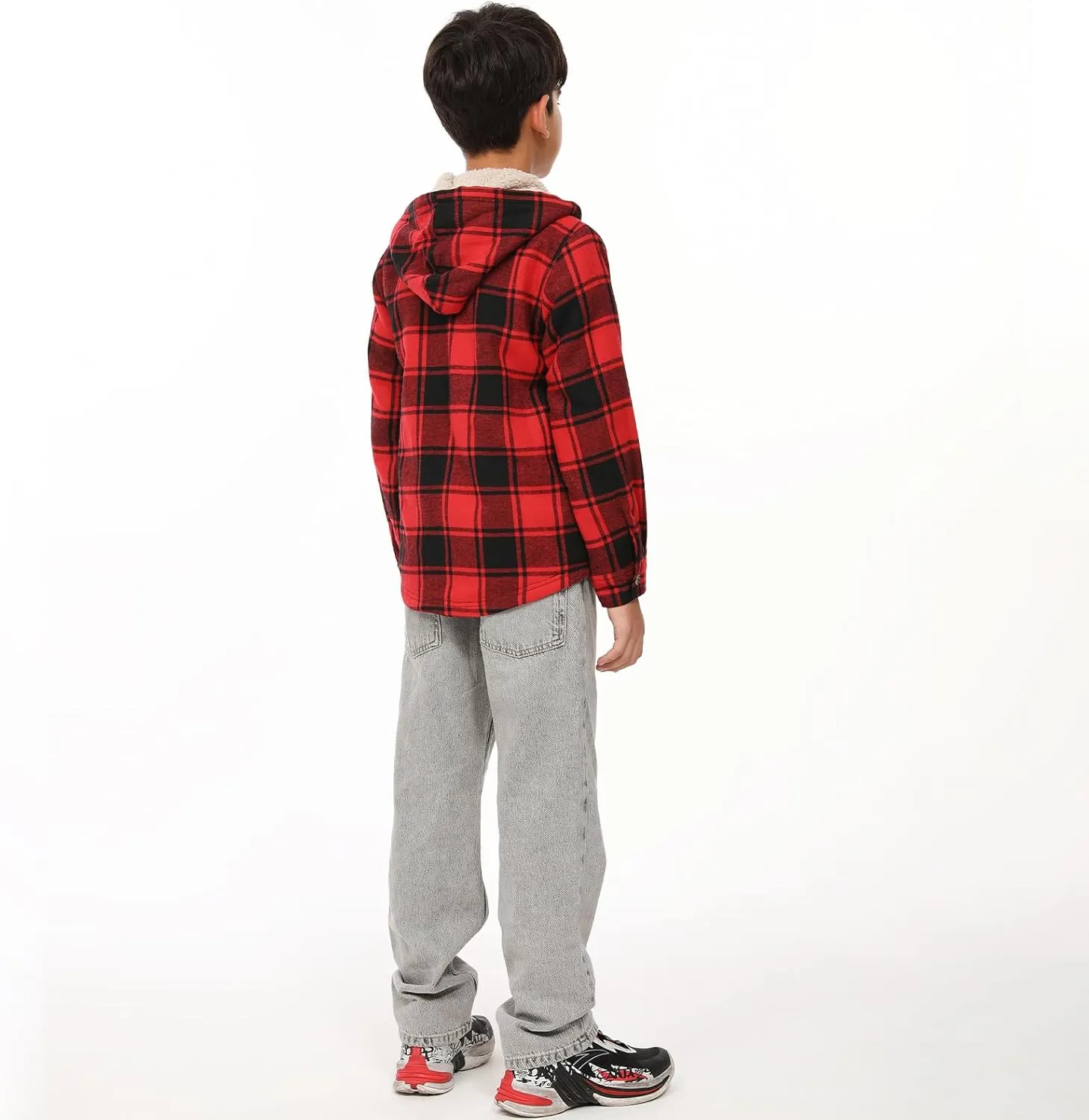 ThCreasa Boys Plaid Flannel Jackets Sherpa Lined Zip Up Long Sleeve Warm Flannel Shirt with Hood