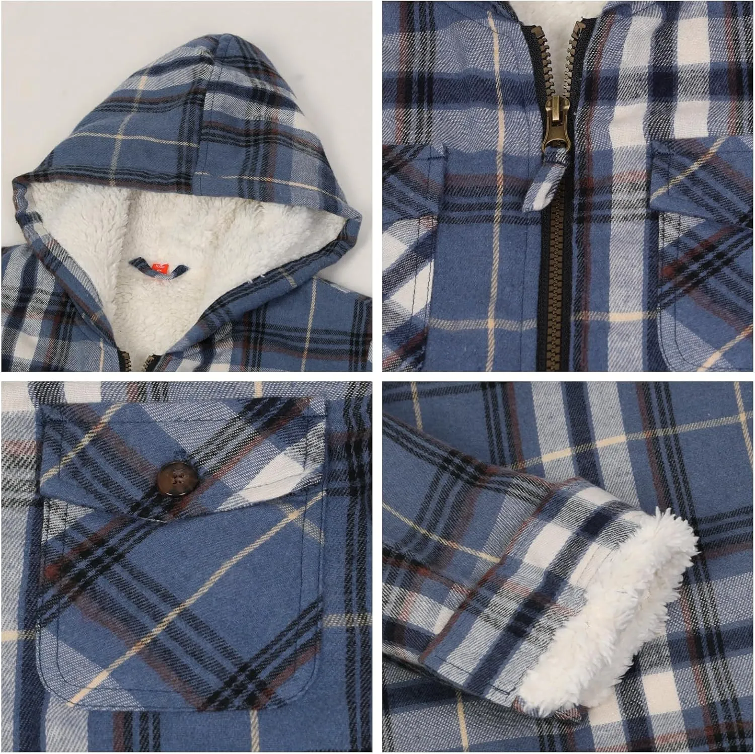 ThCreasa Boys Plaid Flannel Jackets Sherpa Lined Zip Up Long Sleeve Warm Flannel Shirt with Hood