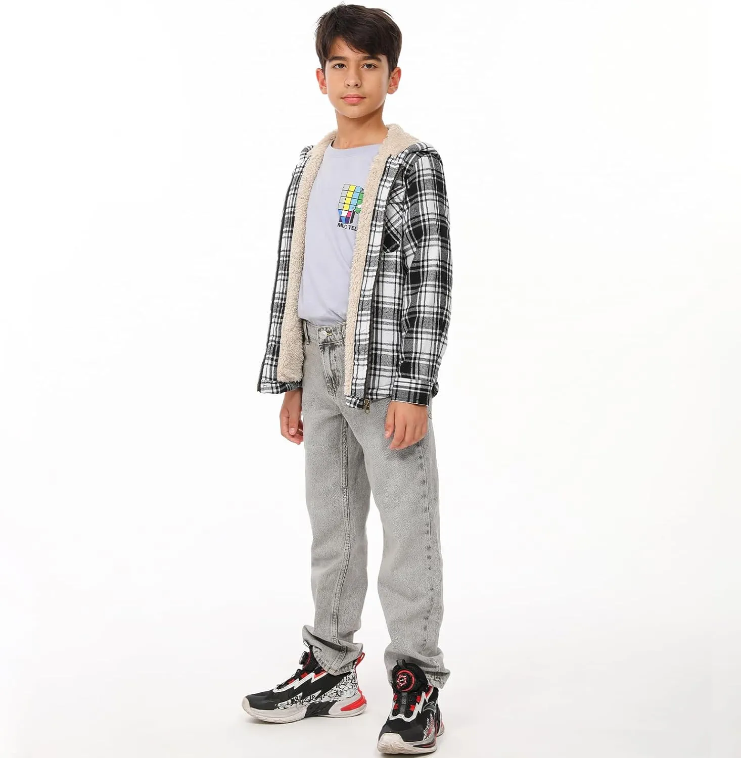 ThCreasa Boys Plaid Flannel Jackets Sherpa Lined Zip Up Long Sleeve Warm Flannel Shirt with Hood