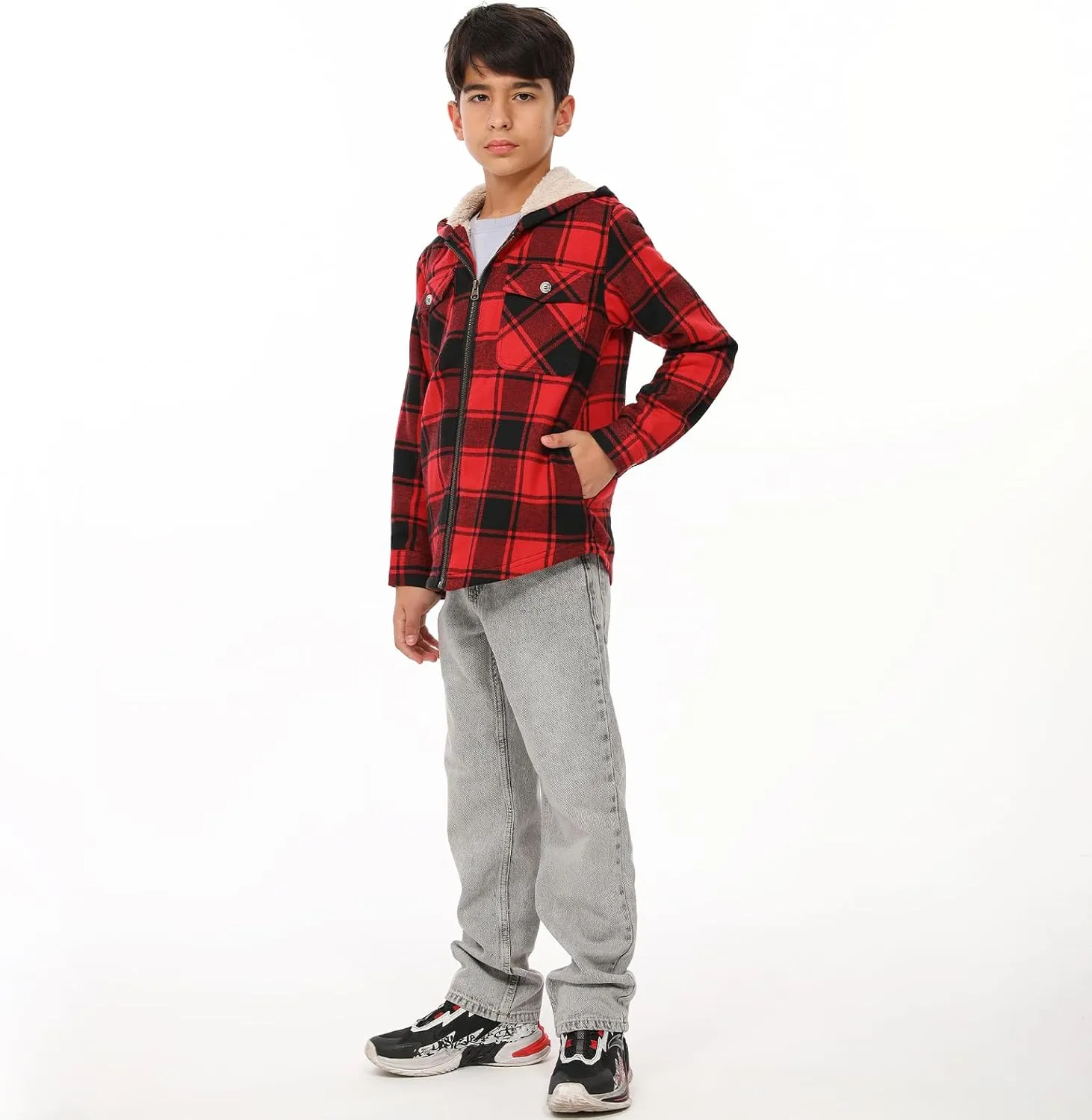 ThCreasa Boys Plaid Flannel Jackets Sherpa Lined Zip Up Long Sleeve Warm Flannel Shirt with Hood