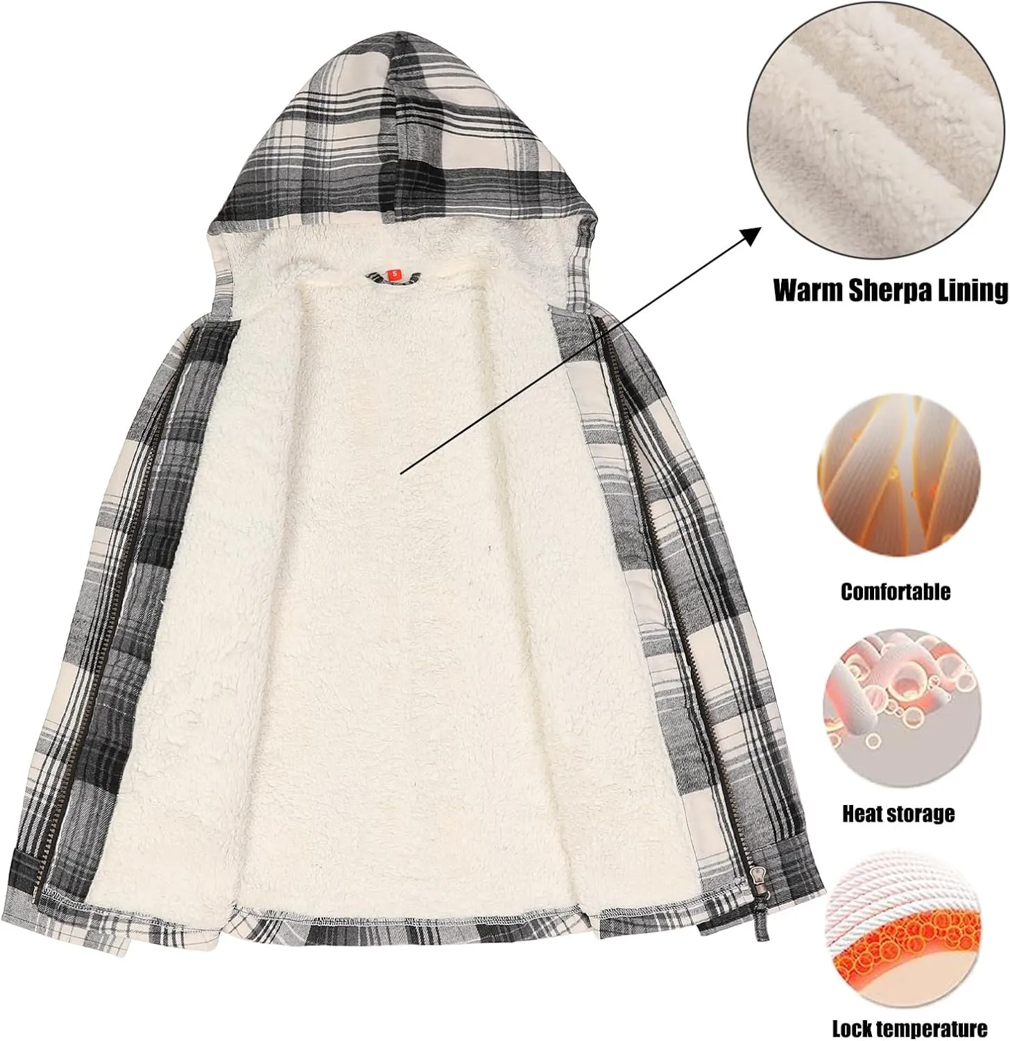 ThCreasa Boys Plaid Flannel Jackets Sherpa Lined Zip Up Long Sleeve Warm Flannel Shirt with Hood