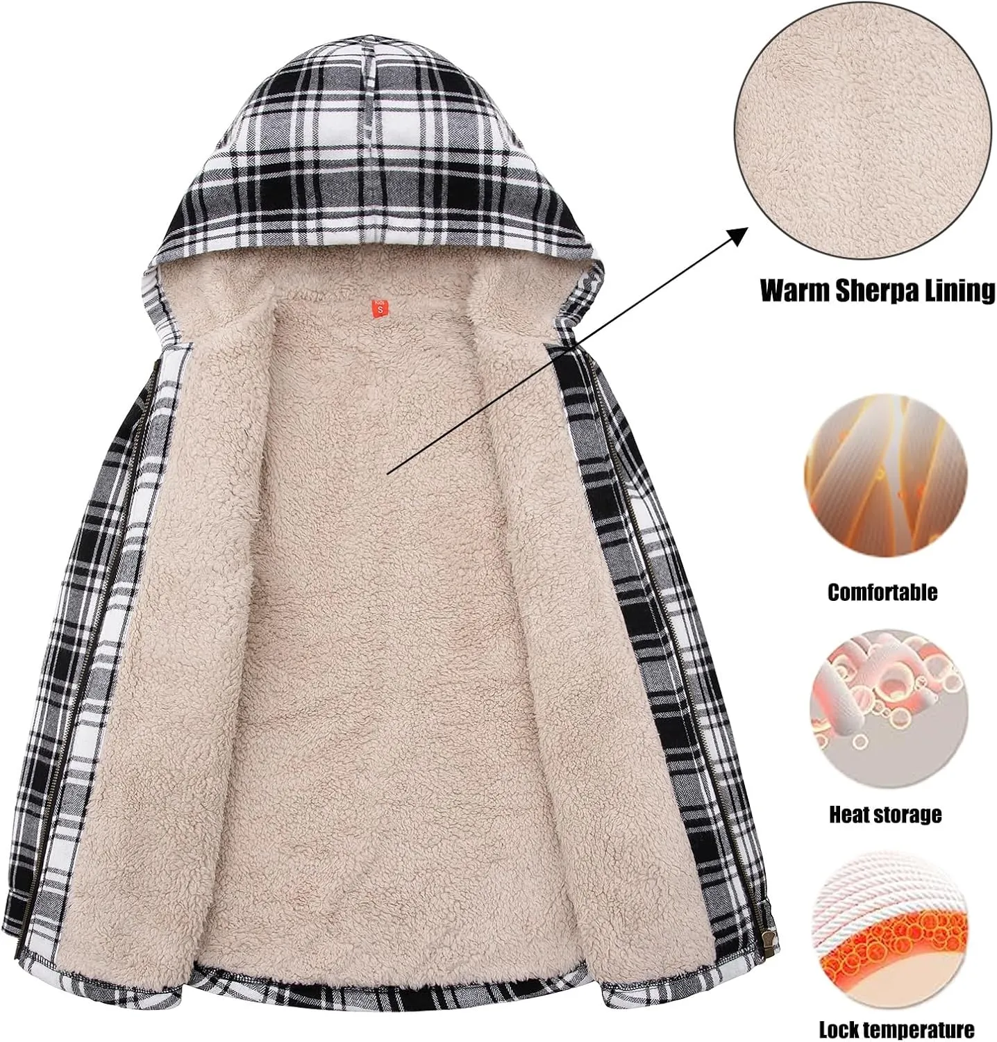 ThCreasa Boys Plaid Flannel Jackets Sherpa Lined Zip Up Long Sleeve Warm Flannel Shirt with Hood