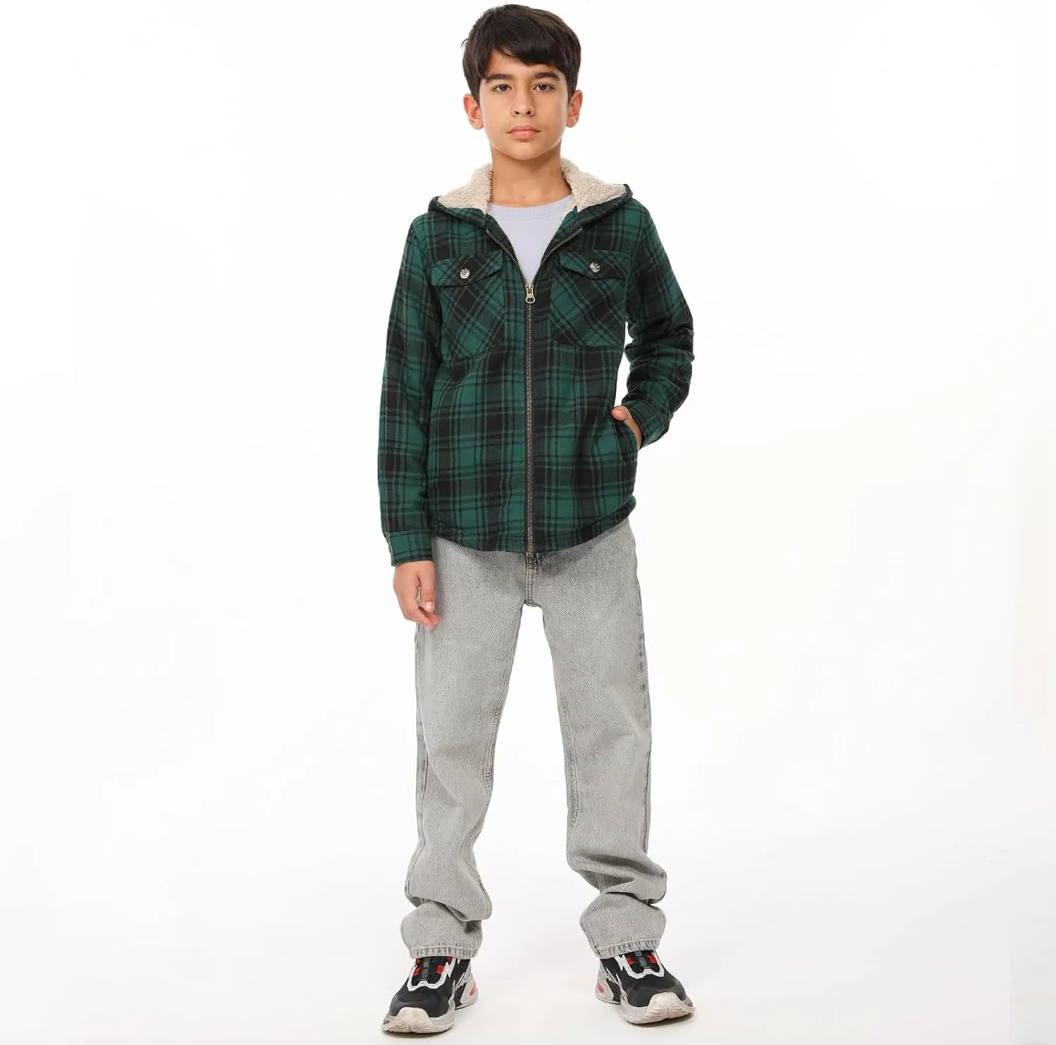 ThCreasa Boys Plaid Flannel Jackets Sherpa Lined Zip Up Long Sleeve Warm Flannel Shirt with Hood