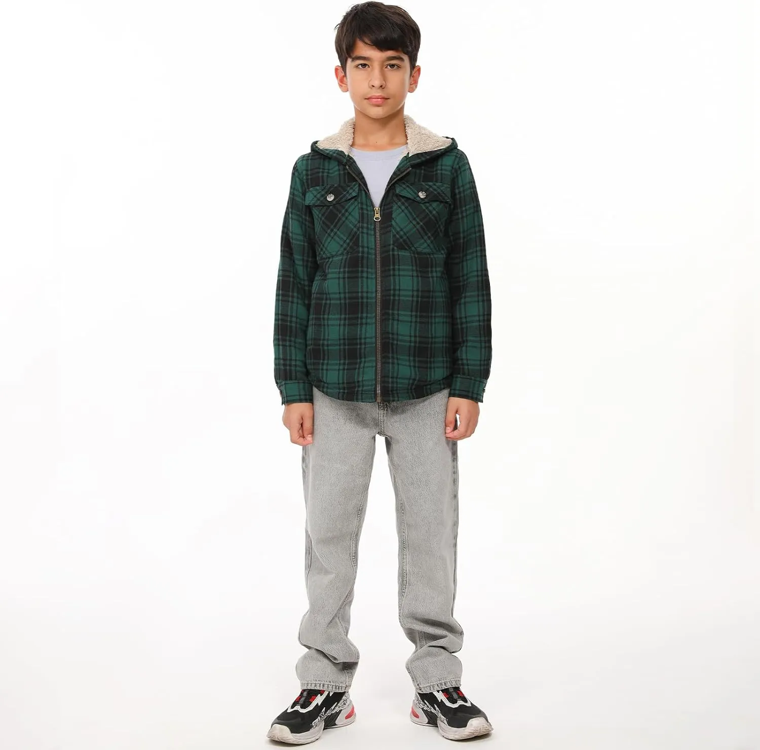 ThCreasa Boys Plaid Flannel Jackets Sherpa Lined Zip Up Long Sleeve Warm Flannel Shirt with Hood