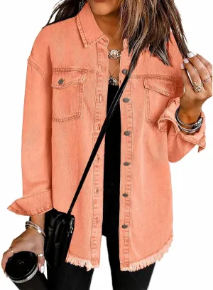 The Beauty North Denim Jacket Casual Denim Button Down Distressed Jacket Long Jean Jackets for Women