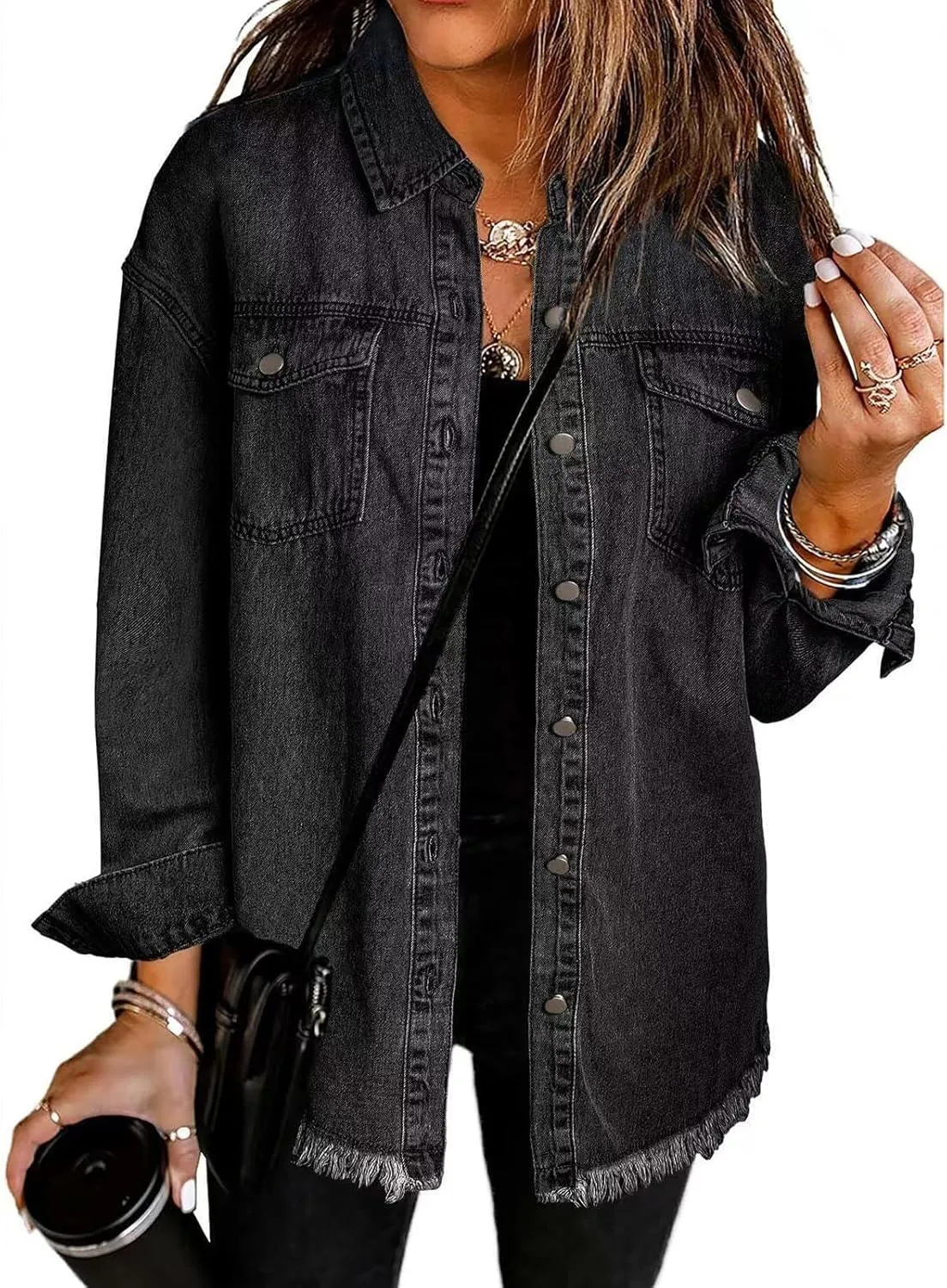 The Beauty North Denim Jacket Casual Denim Button Down Distressed Jacket Long Jean Jackets for Women