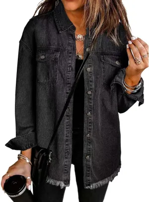 The Beauty North Denim Jacket Casual Denim Button Down Distressed Jacket Long Jean Jackets for Women