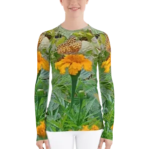 The FLOWER LOVE Collection - "Butterfly on a Bloom" Design Luxurious Women's Rash Guard, Sun Protective Clothing, Sports & Fitness Clothing