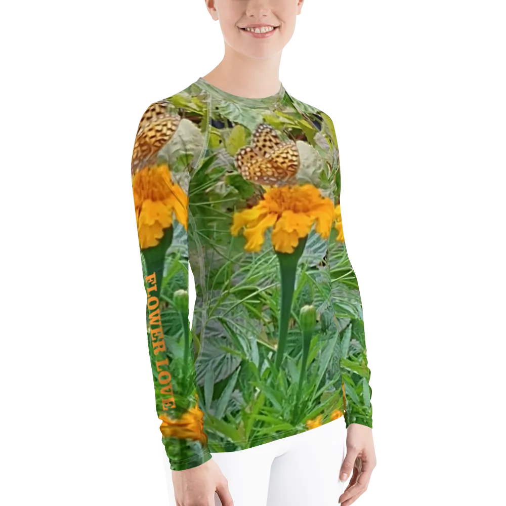 The FLOWER LOVE Collection - "Butterfly on a Bloom" Design Luxurious Women's Rash Guard, Sun Protective Clothing, Sports & Fitness Clothing