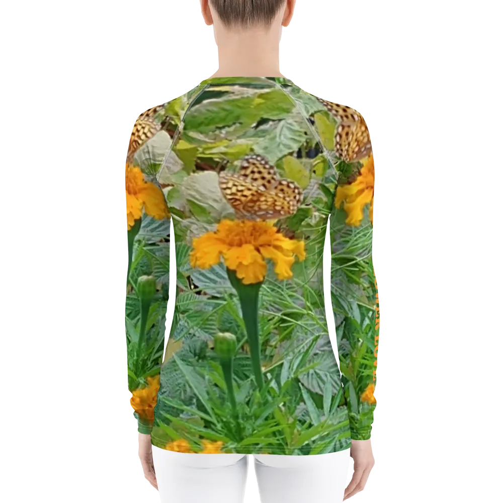 The FLOWER LOVE Collection - "Butterfly on a Bloom" Design Luxurious Women's Rash Guard, Sun Protective Clothing, Sports & Fitness Clothing