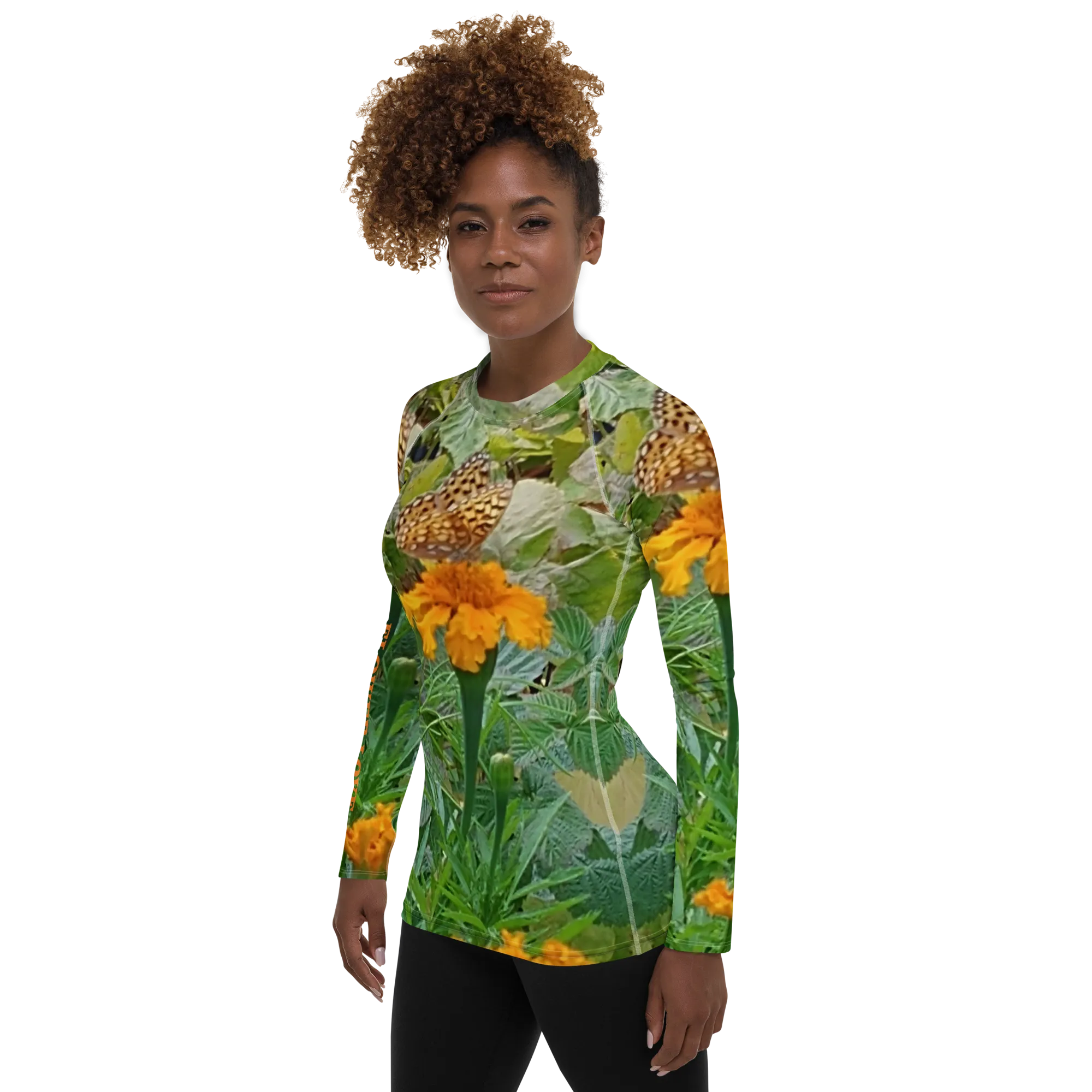 The FLOWER LOVE Collection - "Butterfly on a Bloom" Design Luxurious Women's Rash Guard, Sun Protective Clothing, Sports & Fitness Clothing