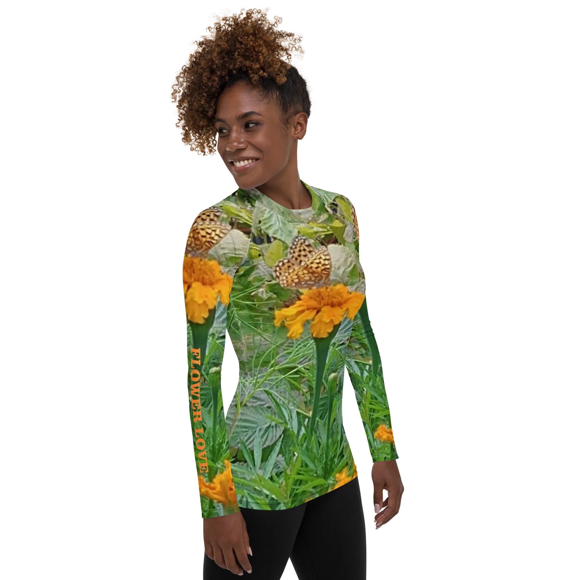 The FLOWER LOVE Collection - "Butterfly on a Bloom" Design Luxurious Women's Rash Guard, Sun Protective Clothing, Sports & Fitness Clothing