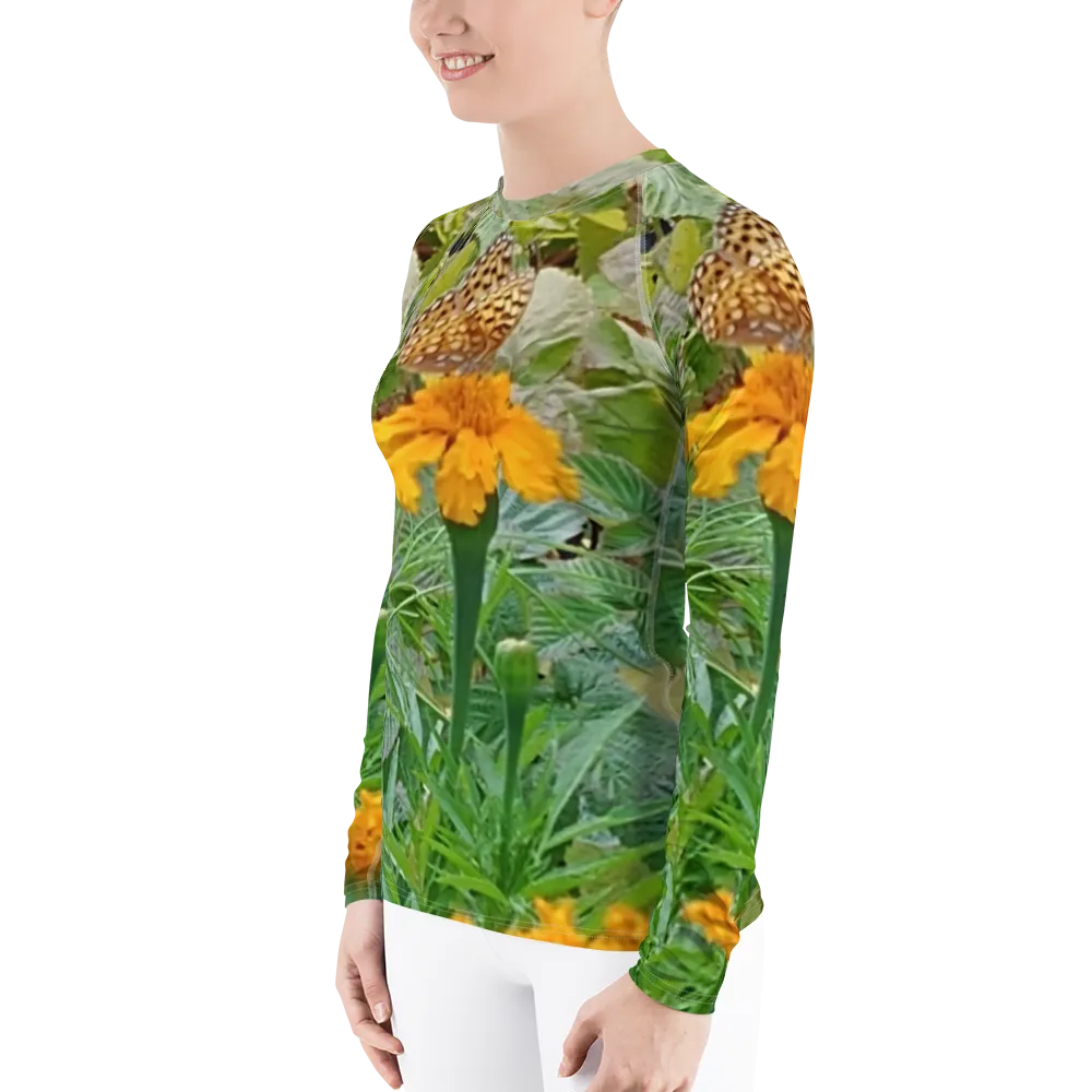 The FLOWER LOVE Collection - "Butterfly on a Bloom" Design Luxurious Women's Rash Guard, Sun Protective Clothing, Sports & Fitness Clothing