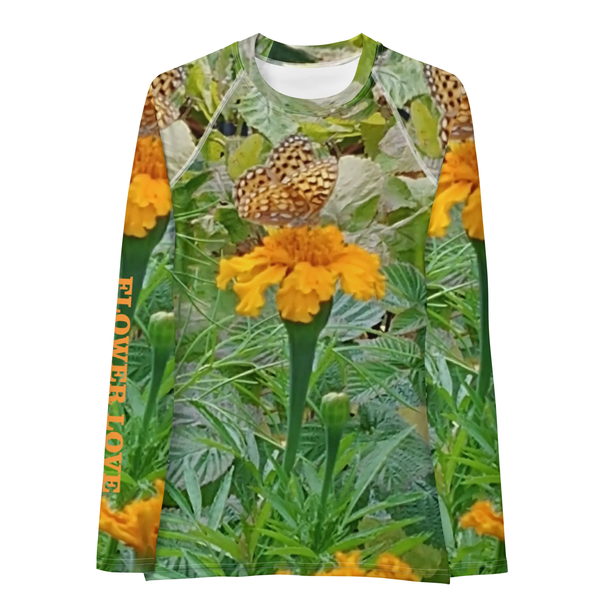 The FLOWER LOVE Collection - "Butterfly on a Bloom" Design Luxurious Women's Rash Guard, Sun Protective Clothing, Sports & Fitness Clothing