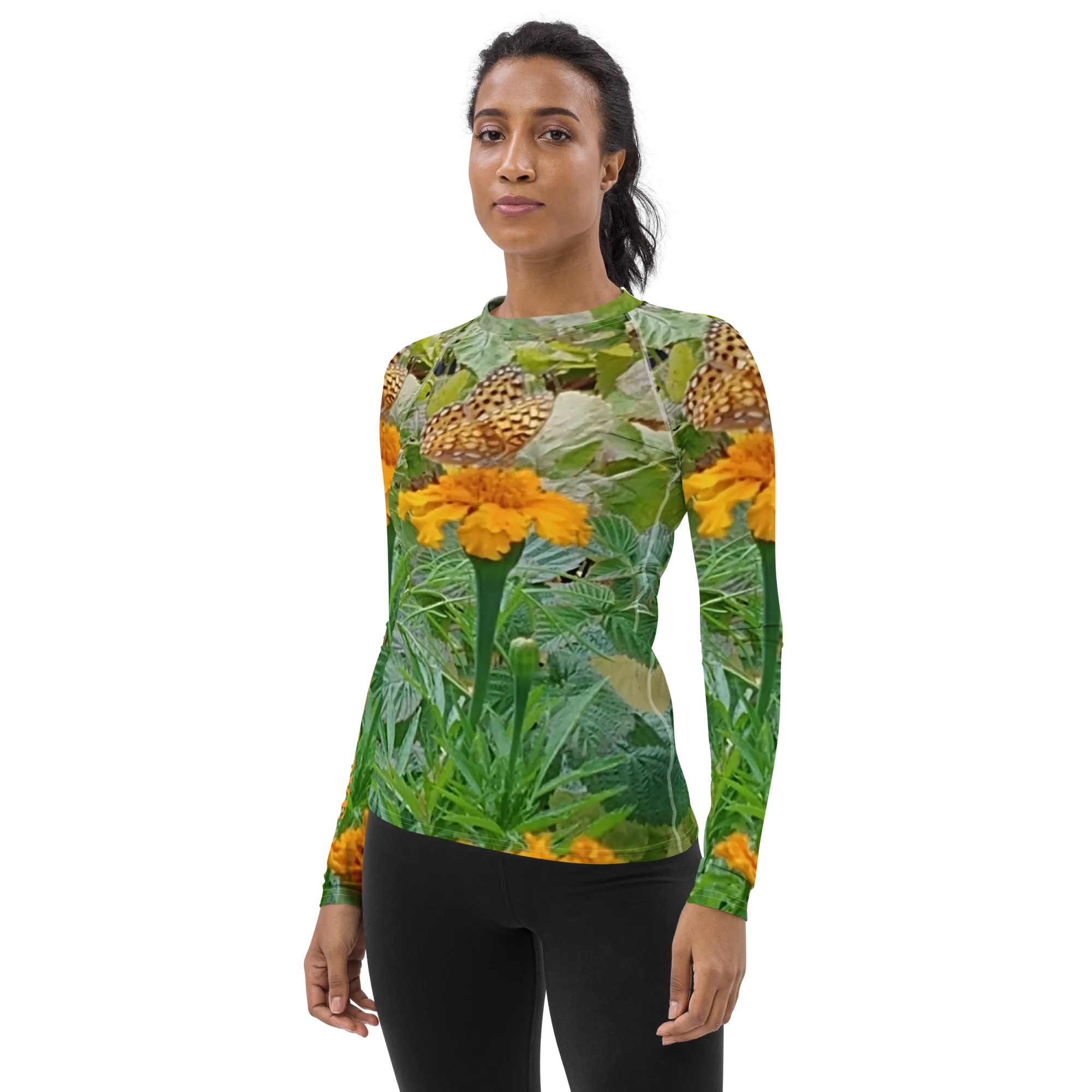 The FLOWER LOVE Collection - "Butterfly on a Bloom" Design Luxurious Women's Rash Guard, Sun Protective Clothing, Sports & Fitness Clothing