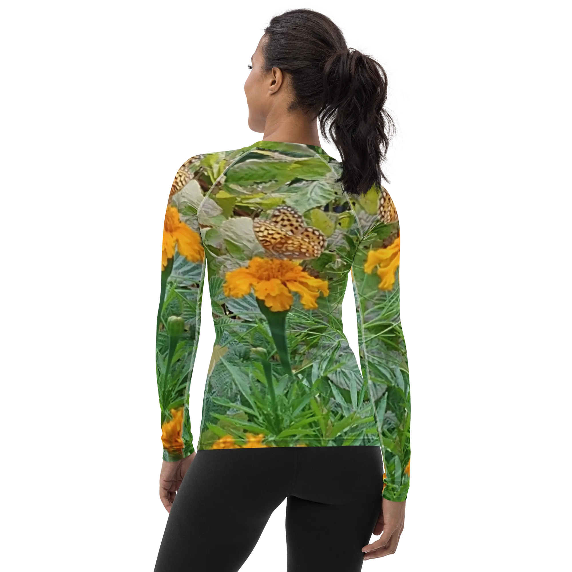 The FLOWER LOVE Collection - "Butterfly on a Bloom" Design Luxurious Women's Rash Guard, Sun Protective Clothing, Sports & Fitness Clothing