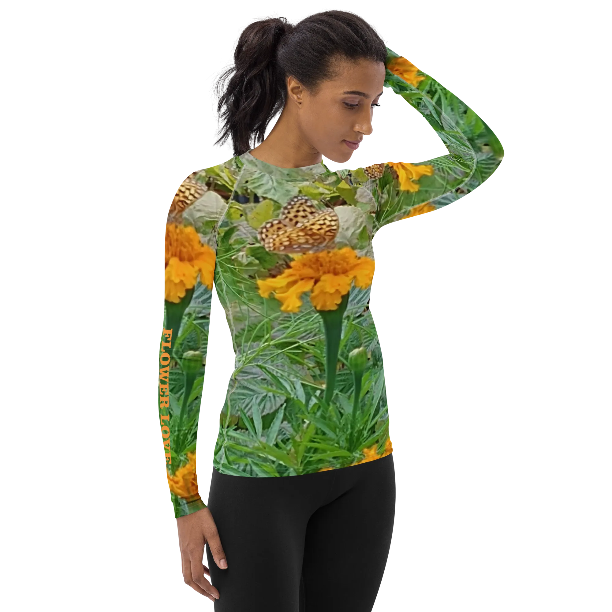 The FLOWER LOVE Collection - "Butterfly on a Bloom" Design Luxurious Women's Rash Guard, Sun Protective Clothing, Sports & Fitness Clothing