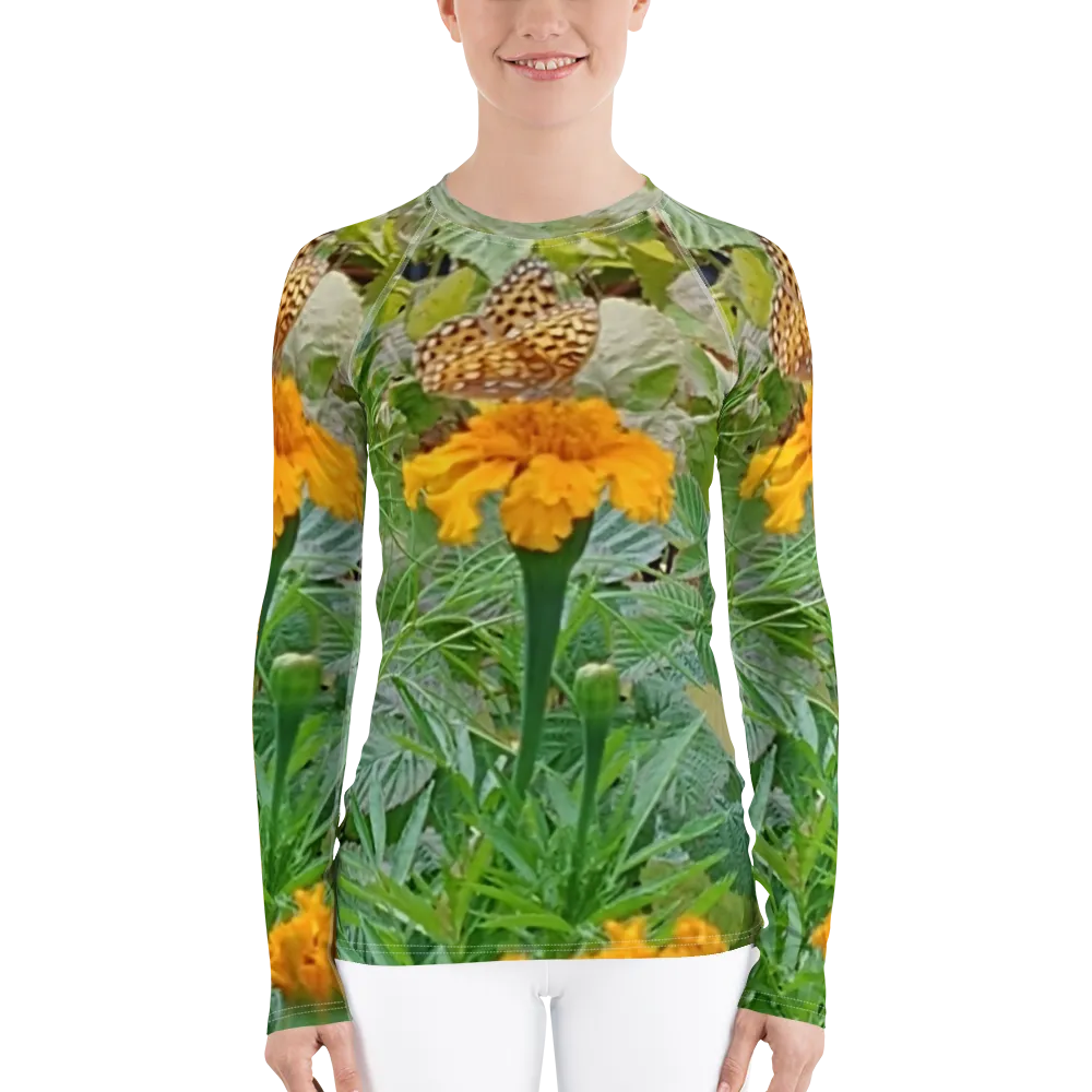 The FLOWER LOVE Collection - "Butterfly on a Bloom" Design Luxurious Women's Rash Guard, Sun Protective Clothing, Sports & Fitness Clothing