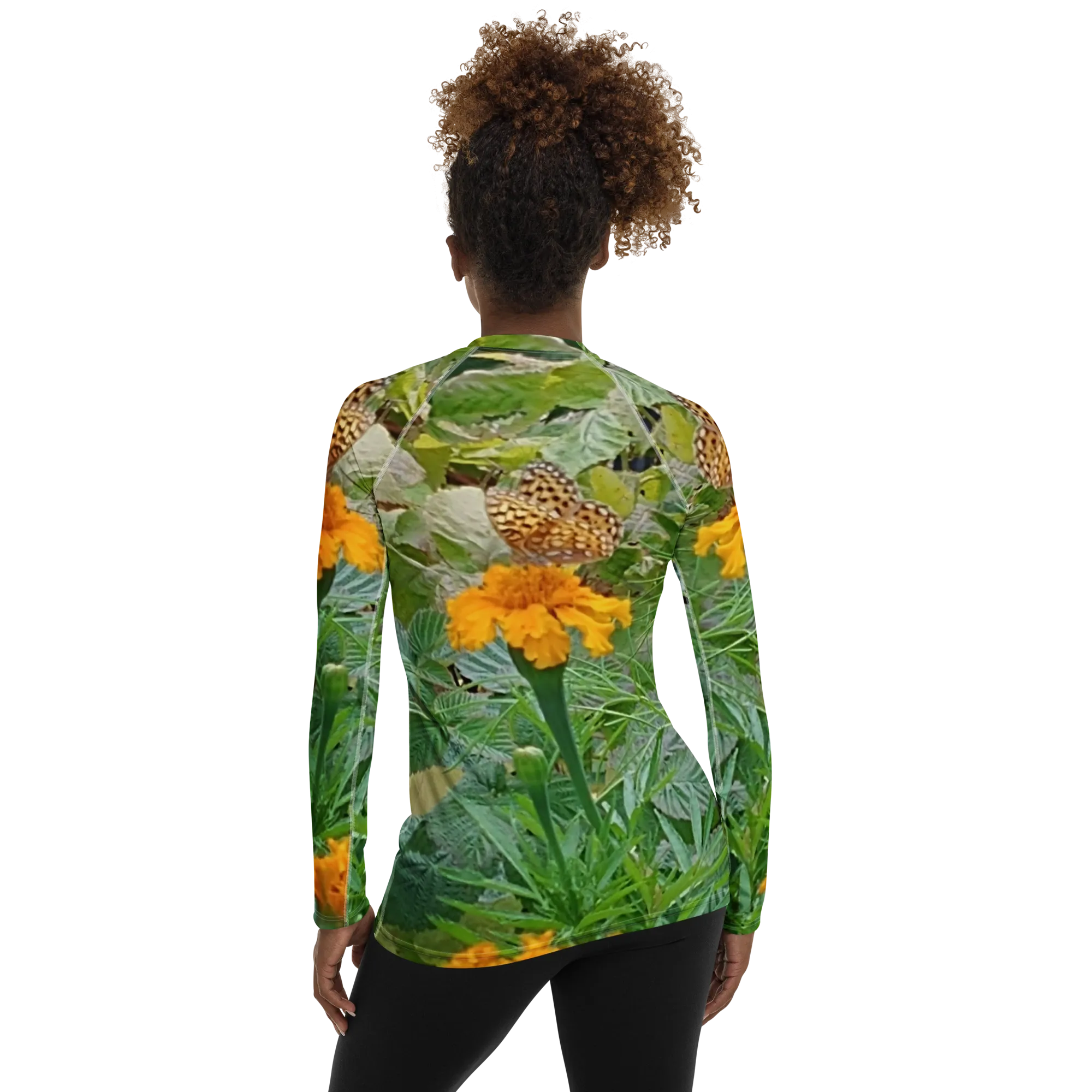 The FLOWER LOVE Collection - "Butterfly on a Bloom" Design Luxurious Women's Rash Guard, Sun Protective Clothing, Sports & Fitness Clothing