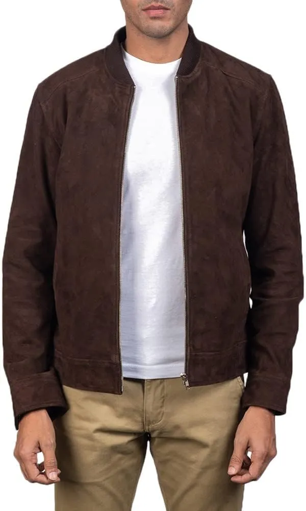 The Jacket Maker Blain Brown Suede Bomber Jacket | Men Suede Leather Brown Bomber Jacket | Goatskin Brown Suede Bomber Jacket