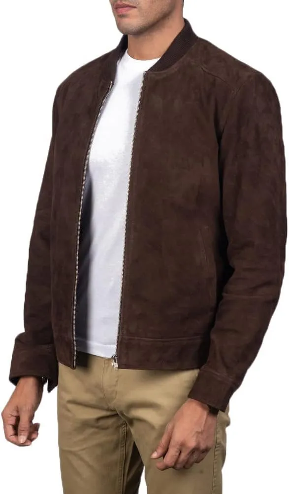 The Jacket Maker Blain Brown Suede Bomber Jacket | Men Suede Leather Brown Bomber Jacket | Goatskin Brown Suede Bomber Jacket