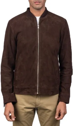 The Jacket Maker Blain Brown Suede Bomber Jacket | Men Suede Leather Brown Bomber Jacket | Goatskin Brown Suede Bomber Jacket