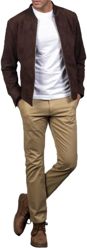 The Jacket Maker Blain Brown Suede Bomber Jacket | Men Suede Leather Brown Bomber Jacket | Goatskin Brown Suede Bomber Jacket