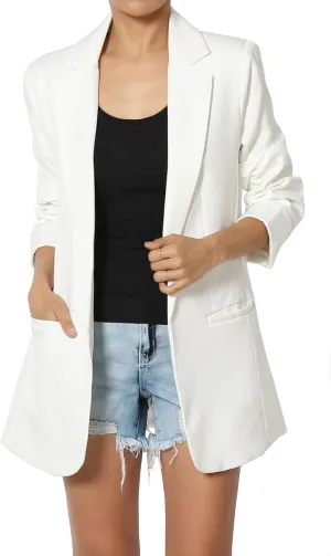 TheMogan Women's Cuffed Long Sleeve Open Front Blazer Stylish Office Casual Versatile Jacket