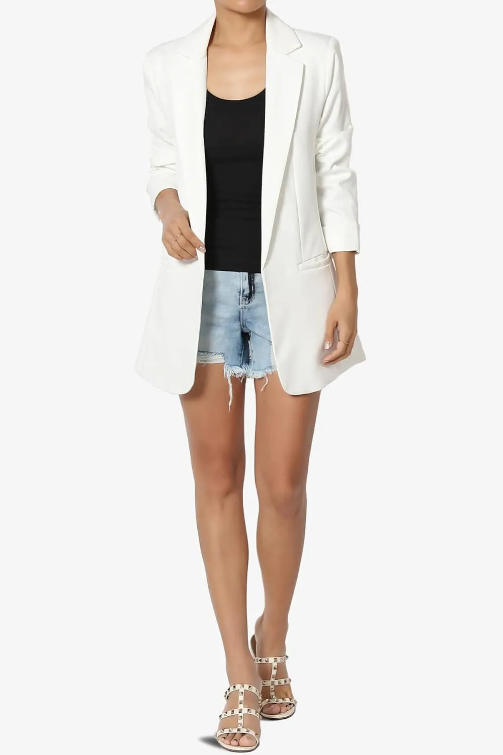 TheMogan Women's Cuffed Long Sleeve Open Front Blazer Stylish Office Casual Versatile Jacket