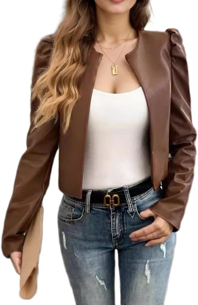 TIAFORD Women Open Front Cropped Faux Leather Jacket Puff Long Sleeve Crew Neck Casual Short Moto Biker Jackets