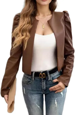 TIAFORD Women Open Front Cropped Faux Leather Jacket Puff Long Sleeve Crew Neck Casual Short Moto Biker Jackets