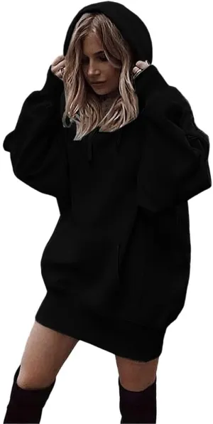 TIAFORD Women's Warmth Fleece Long Sleeve Hoodie Dress Casual Loose Stretch Hem Cuff Oversized Pullover Dresses with Pocket