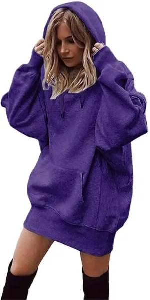TIAFORD Women's Warmth Fleece Long Sleeve Hoodie Dress Casual Loose Stretch Hem Cuff Oversized Pullover Dresses with Pocket