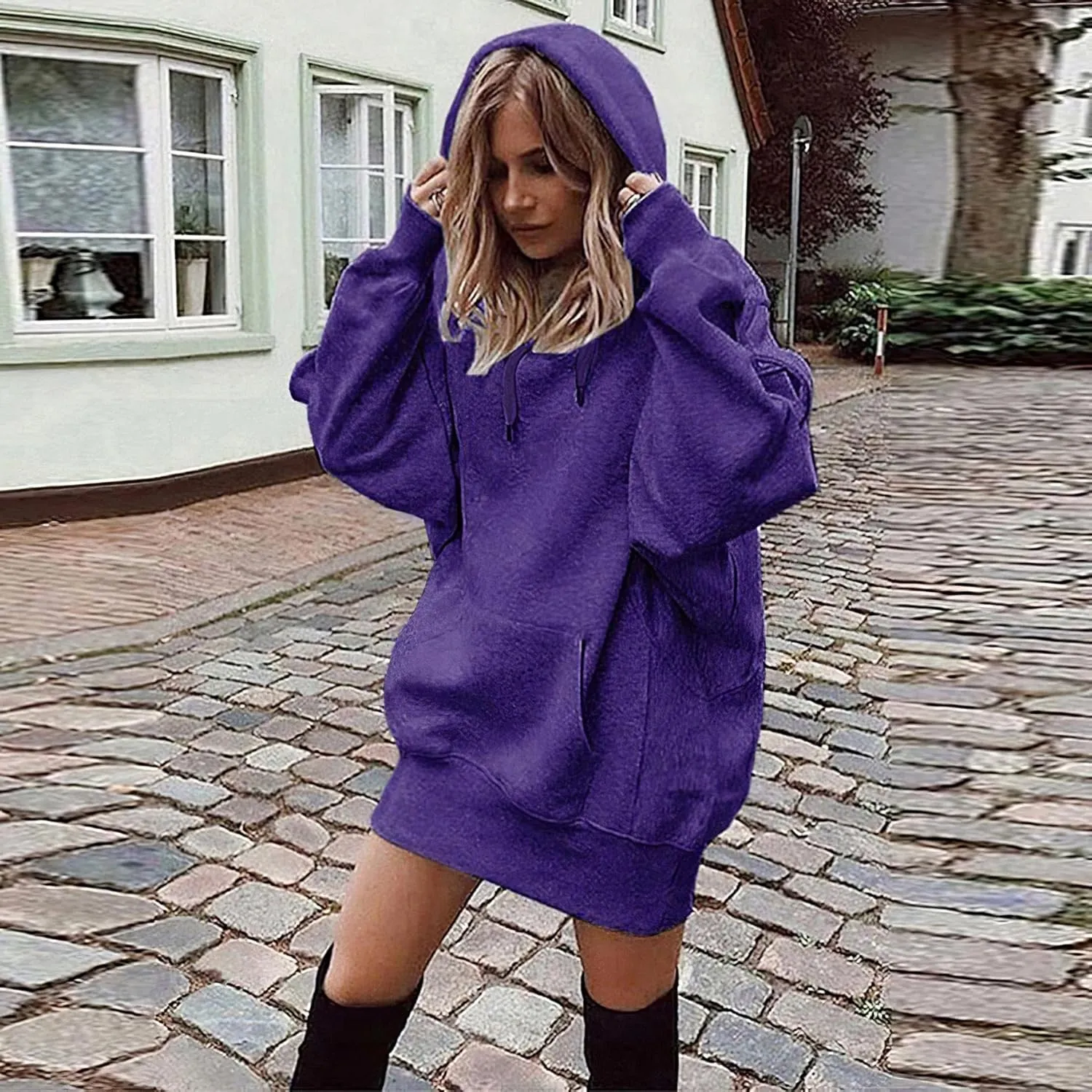 TIAFORD Women's Warmth Fleece Long Sleeve Hoodie Dress Casual Loose Stretch Hem Cuff Oversized Pullover Dresses with Pocket